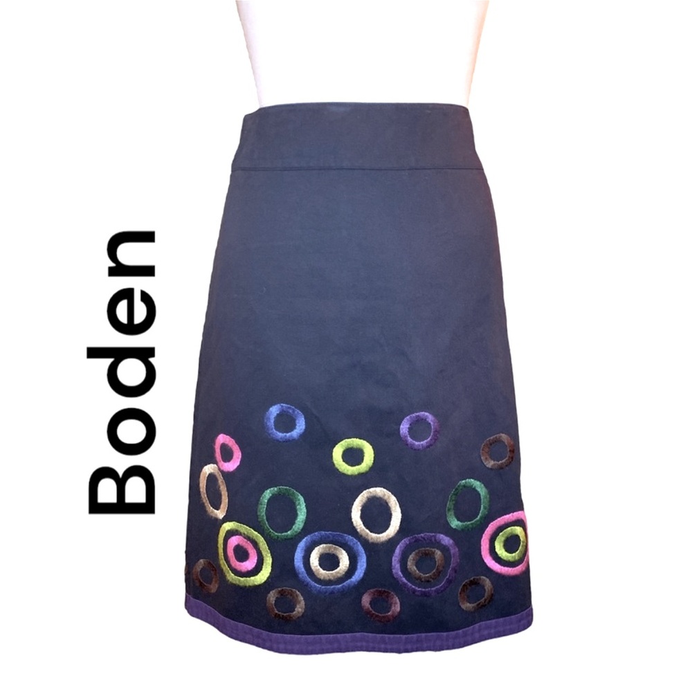 Boden Navy A-Line Skirt with Multicolor Circle Embroidery